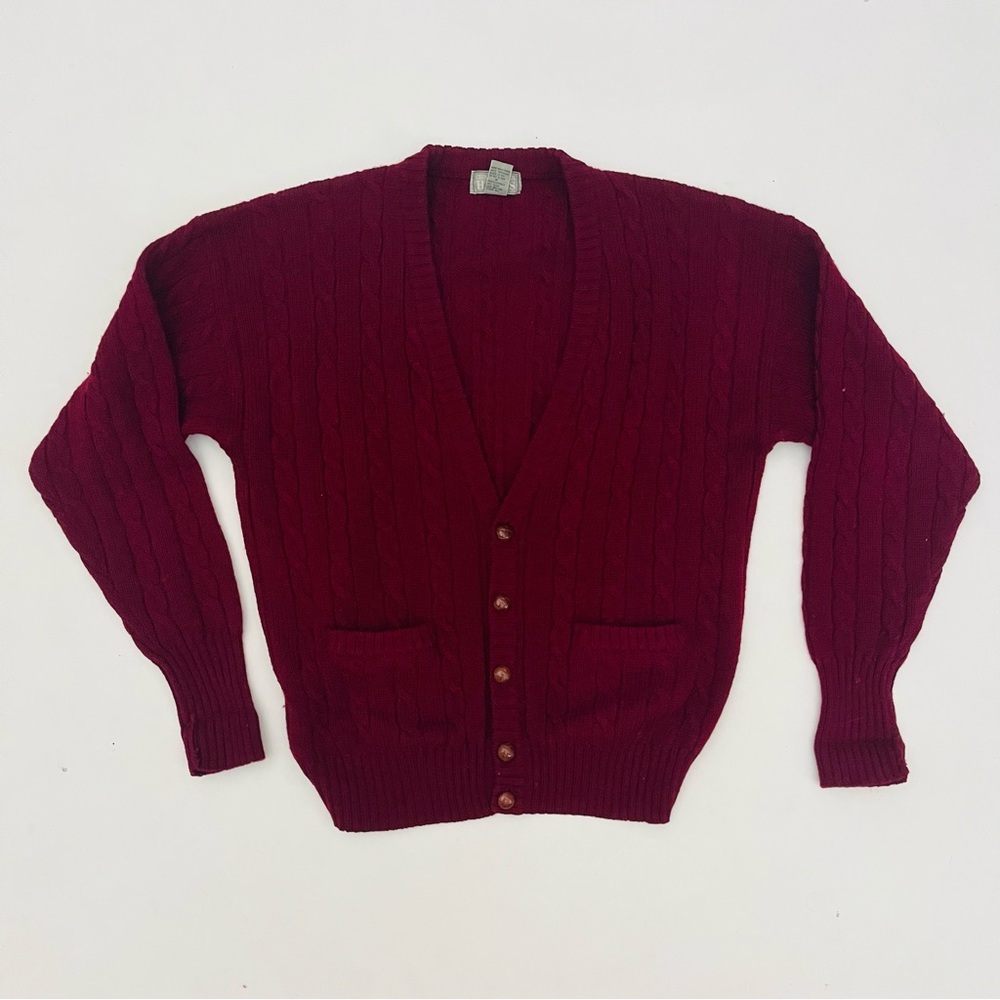 Christopher Hayes 100% Pure  Shetland Wool maroon cable knit Cardigan Sweater L
